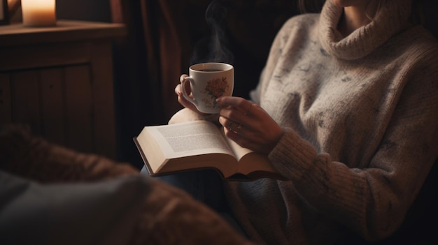 Une femme lisant un livre et buvant une tasse de café.