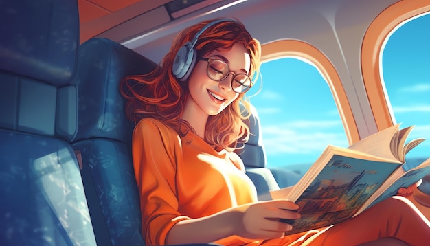 Une femme lisant un livre dans un avion.