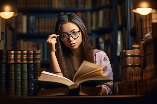 Une femme lisant un livre dans une bibliothèque.