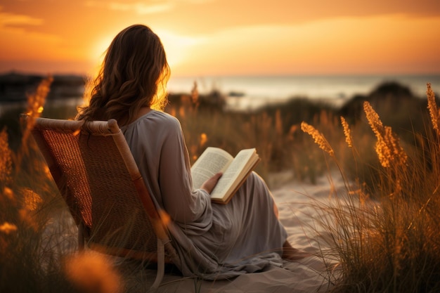 Femme lisant un livre dans une chaise de plage sur une côte nord avec des lumières du soir calme les vibrations du début de l'automne