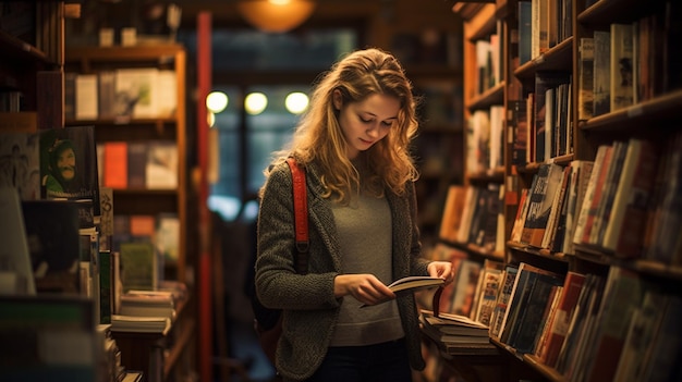 femme lisant un livre dans une librairie