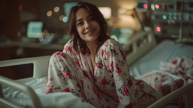 Photo la femme sur le lit d'hôpital souriant à la caméra