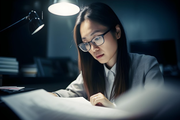 Une femme lit un journal à un bureau.