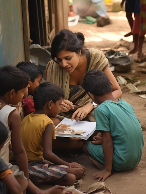 Une femme lit un livre aux enfants d'un village.