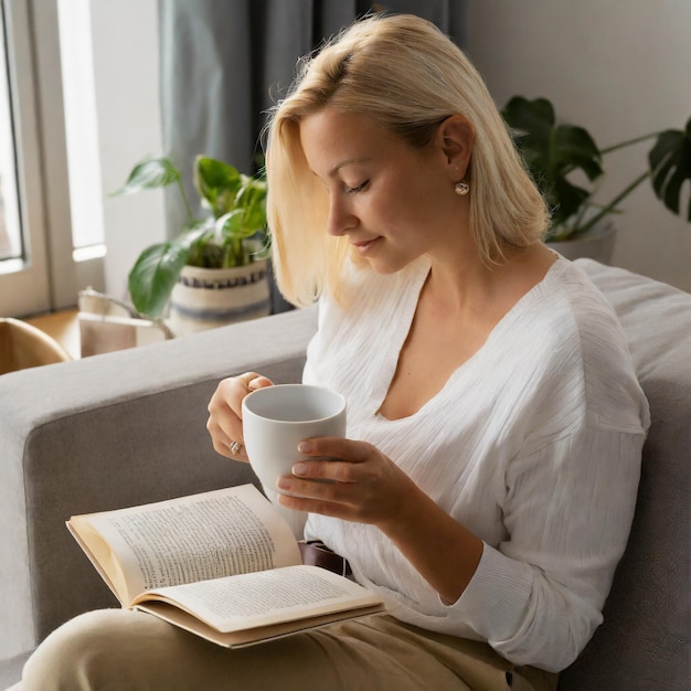 Photo une femme lit un livre et boit du café.