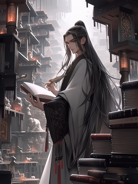 une femme lit un livre dans une bibliothèque avec d'autres livres