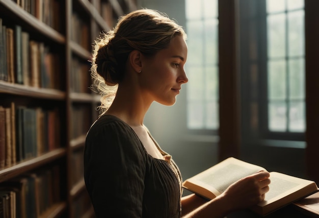 Une femme lit un livre dans une bibliothèque ensoleillée tranquillité et la poursuite de la connaissance soulignée