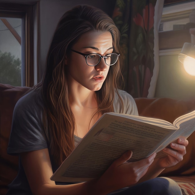 Une femme lit un livre devant une lampe allumée.