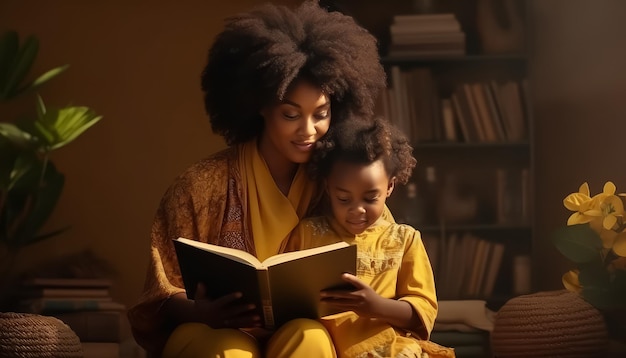 Une femme lit un livre à un enfant.