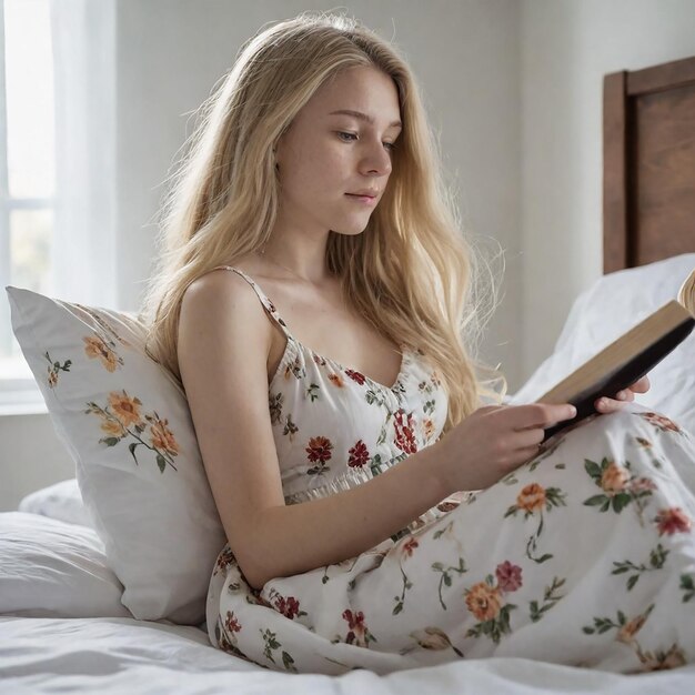 une femme lit un livre sur un lit avec un motif floral