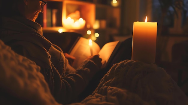 Une femme lit un livre à la lumière des bougies, elle porte une couverture chaude et la pièce est faiblement éclairée, l'image est confortable et accueillante.