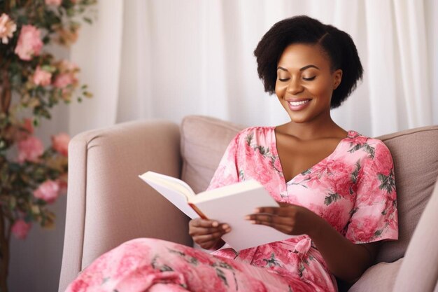 une femme lit un livre sur ses genoux