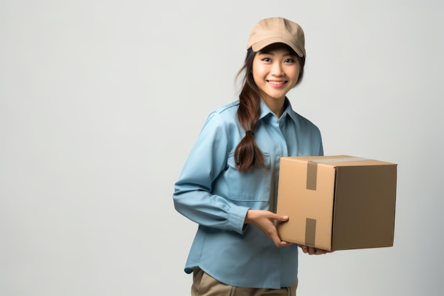 Une femme de livraison asiatique de style vintage avec une boîte générée par l'IA