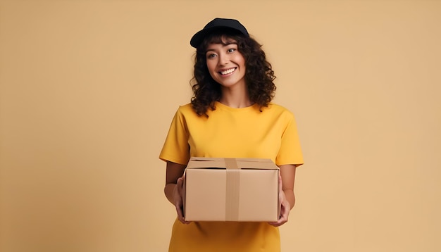 femme de livraison heureuse dans une robe jaune et un chapeau tenant une boîte en carton isolée sur beige