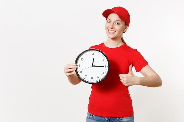 Femme de livraison en uniforme rouge isolé sur fond blanc. Femme professionnelle en casquette, t-shirt, jeans travaillant comme coursier ou revendeur, tenant une horloge ronde, montrant à temps. Copiez l'espace pour la publicité.