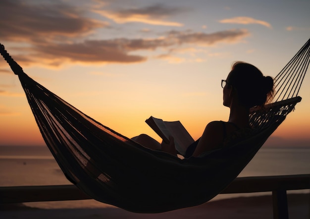 Femme avec livre sur hamac Générer Ai