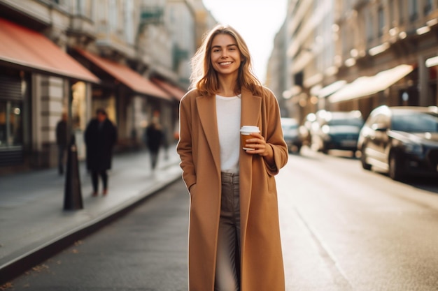 Une femme en long manteau brun marche dans la rue avec une tasse de café à la main.