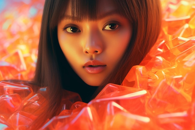 Une femme avec de longs cheveux bruns et une frange se tient dans du plastique orange.