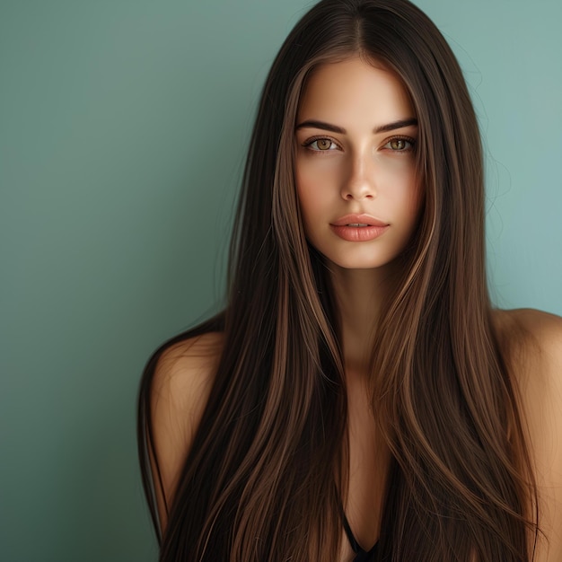 Une femme avec de longs cheveux bruns et un haut noir