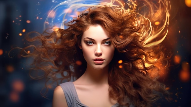 Une femme avec de longs cheveux roux et un fond bleu