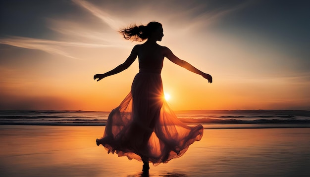 Photo une femme en longue robe danse sur la plage au coucher du soleil.