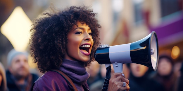 une femme lors d'une manifestation pacifique tenant un microphone lors d'un événement de discours public