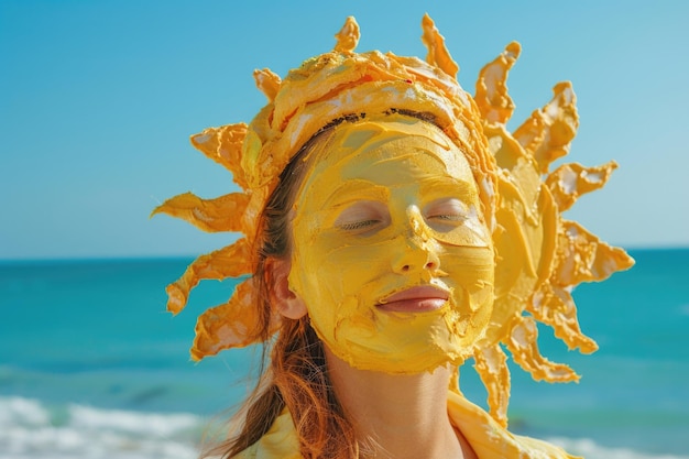 Femme avec une lotion bronzante sur la plage sous la forme du soleil