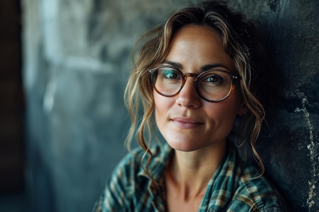 Une femme avec des lunettes appuyée contre un mur