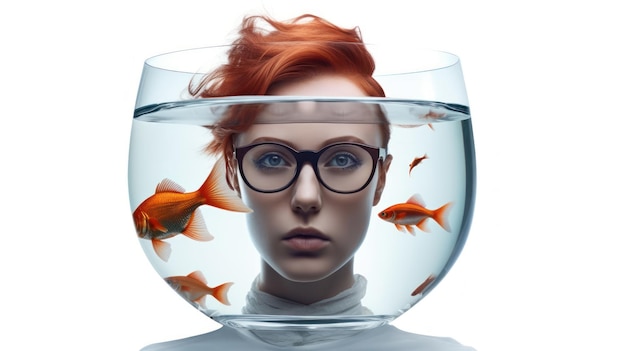 Une femme avec des lunettes et un bocal à poissons avec des poissons rouges dedans