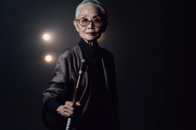 Une femme avec des lunettes et une canne se tient dans une pièce sombre.