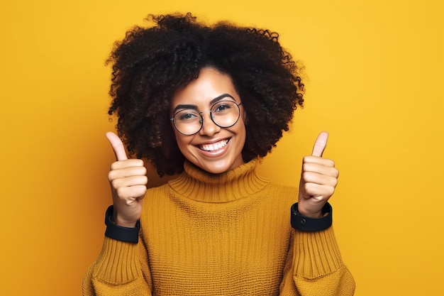 Une femme avec des lunettes et un chandail jaune lève le pouce.