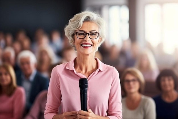 une femme avec des lunettes chante devant une foule de gens