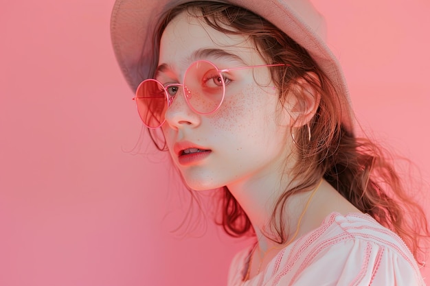 Femme avec des lunettes et un chapeau roses