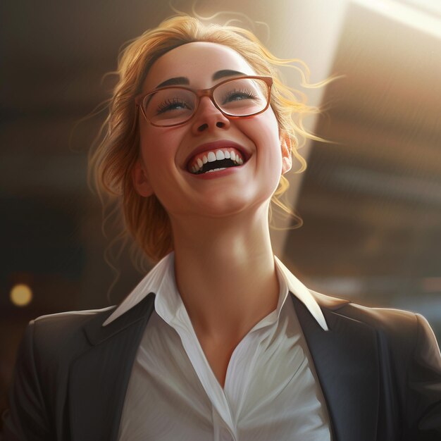 une femme avec des lunettes et une chemise blanche sourit.