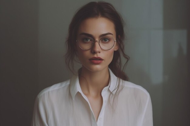 Une femme avec des lunettes et une chemise blanche