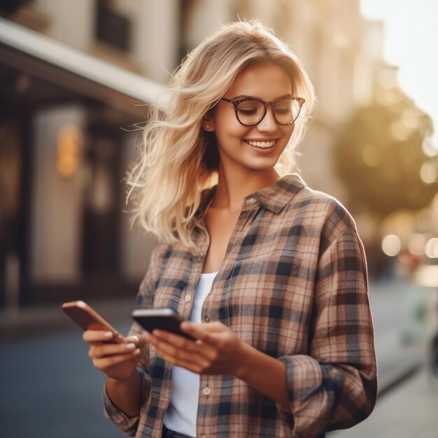 femme avec des lunettes et une chemise à carreaux envoyant des SMS sur son téléphone