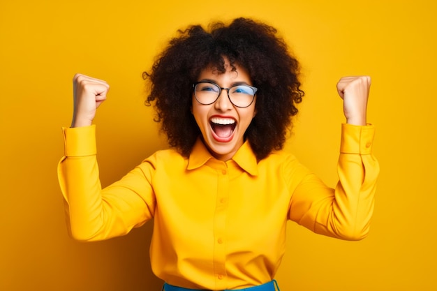 Photo une femme avec des lunettes et une chemise jaune lève les bras.