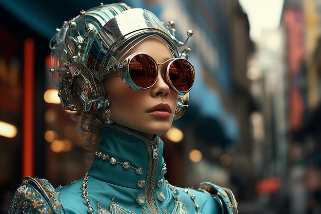 femme en lunettes debout sur le fond ornée ville futuriste dans le style de la machine