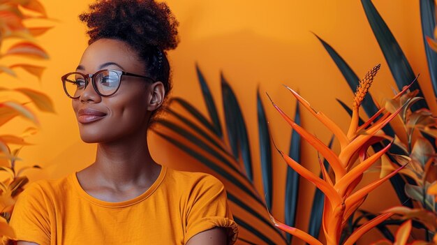 Une femme avec des lunettes debout près d'une plante