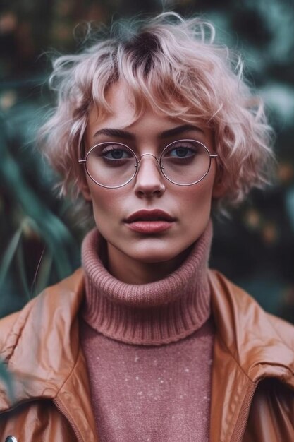 Une femme avec des lunettes devant un fond vert