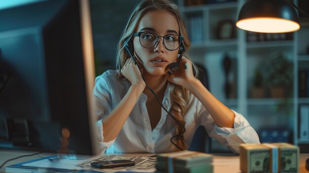 Photo une femme en lunettes est assise à un bureau avec de l'argent sur la table.