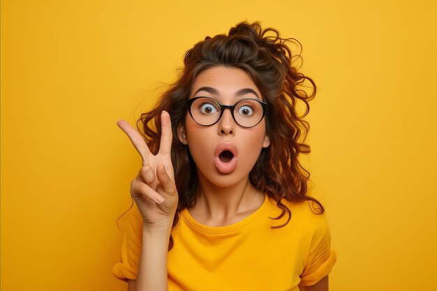 Une femme avec des lunettes faisant un signe de paix sur un fond jaune