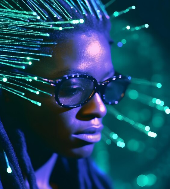 Photo une femme avec des lunettes et un fond bleu