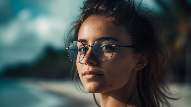 Une femme avec des lunettes et un fond de ciel bleu