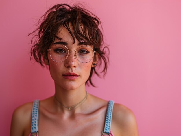 Une femme avec des lunettes sur fond rose