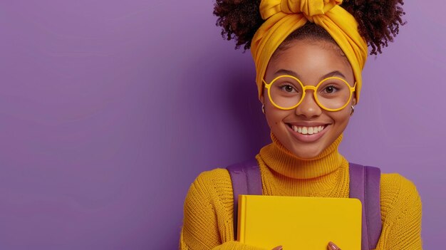 Femme avec des lunettes et un foulard jaune tenant un dossier