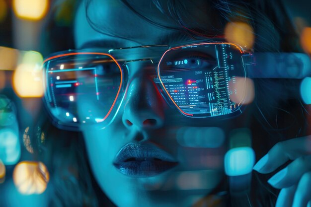 Femme avec des lunettes futuristes affichant des données numériques Développement de la réalité augmentée Tech fashion des