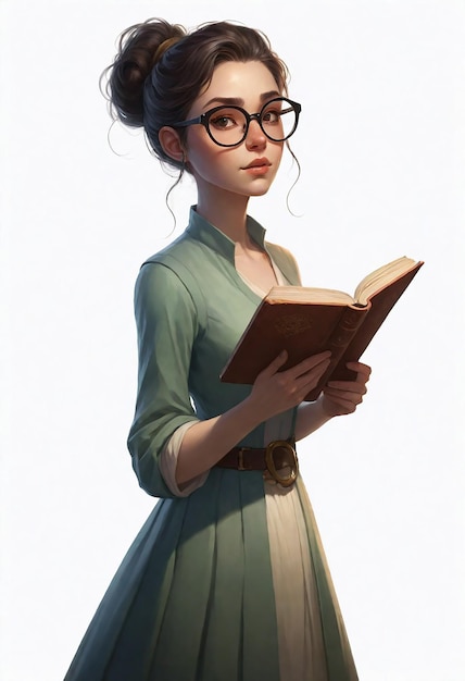 une femme avec des lunettes lisant un livre avec une robe verte sur le devant