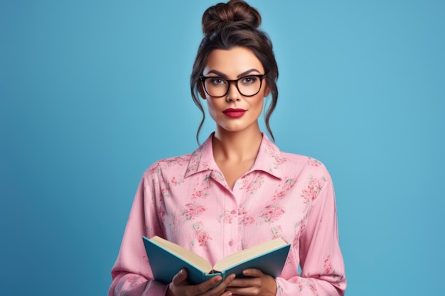 Une femme avec des lunettes lisant un livre