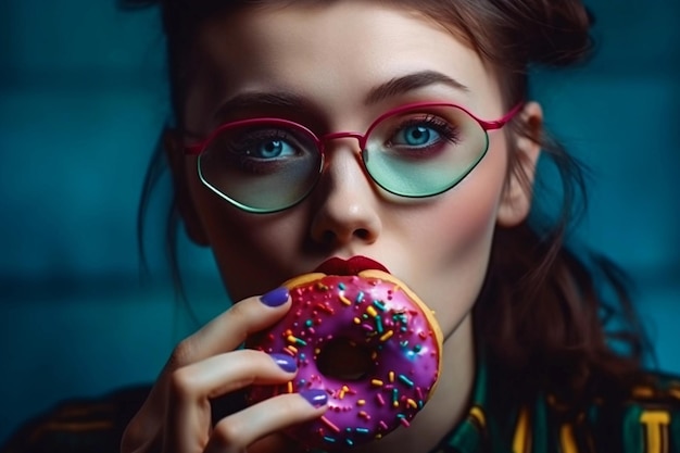 Une femme avec des lunettes mangeant un beignet